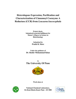 Heterologous Expression, Purification and
Characterization of Cinnamoyl Coenzyme A
Reductase (CCR) from Leucaena leucocephala
Project thesis
Submitted in partial fulfillment for
Master’s Degree in Science in
Biotechnology
Submitted by
Pratik B. More
Under the guidance of
Dr. Bashir Mohammad Khan
to
The University Of Pune
Work done at
National Chemical Laboratory,
Dr.Homi Bhaba Road, Pune - 411 008
 