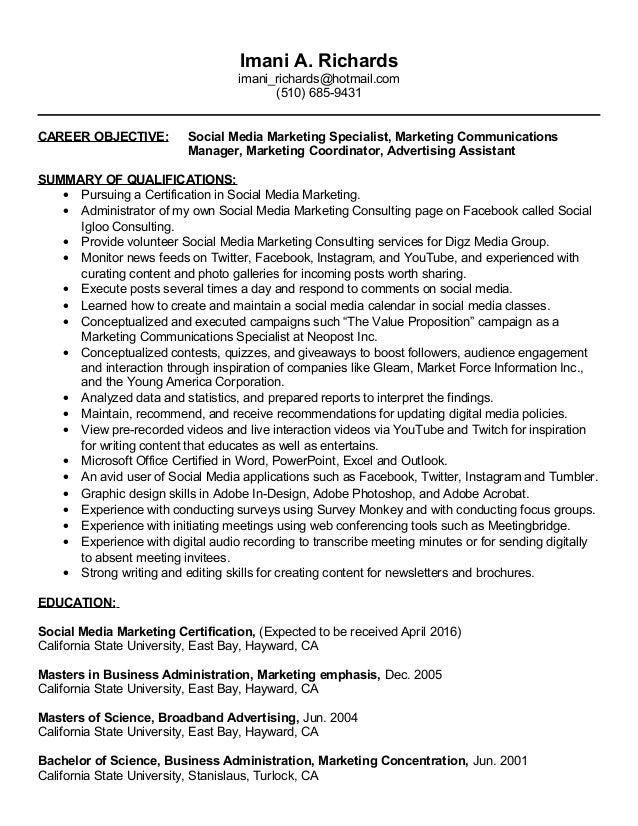 social media marketing resume social media marketing resume sample