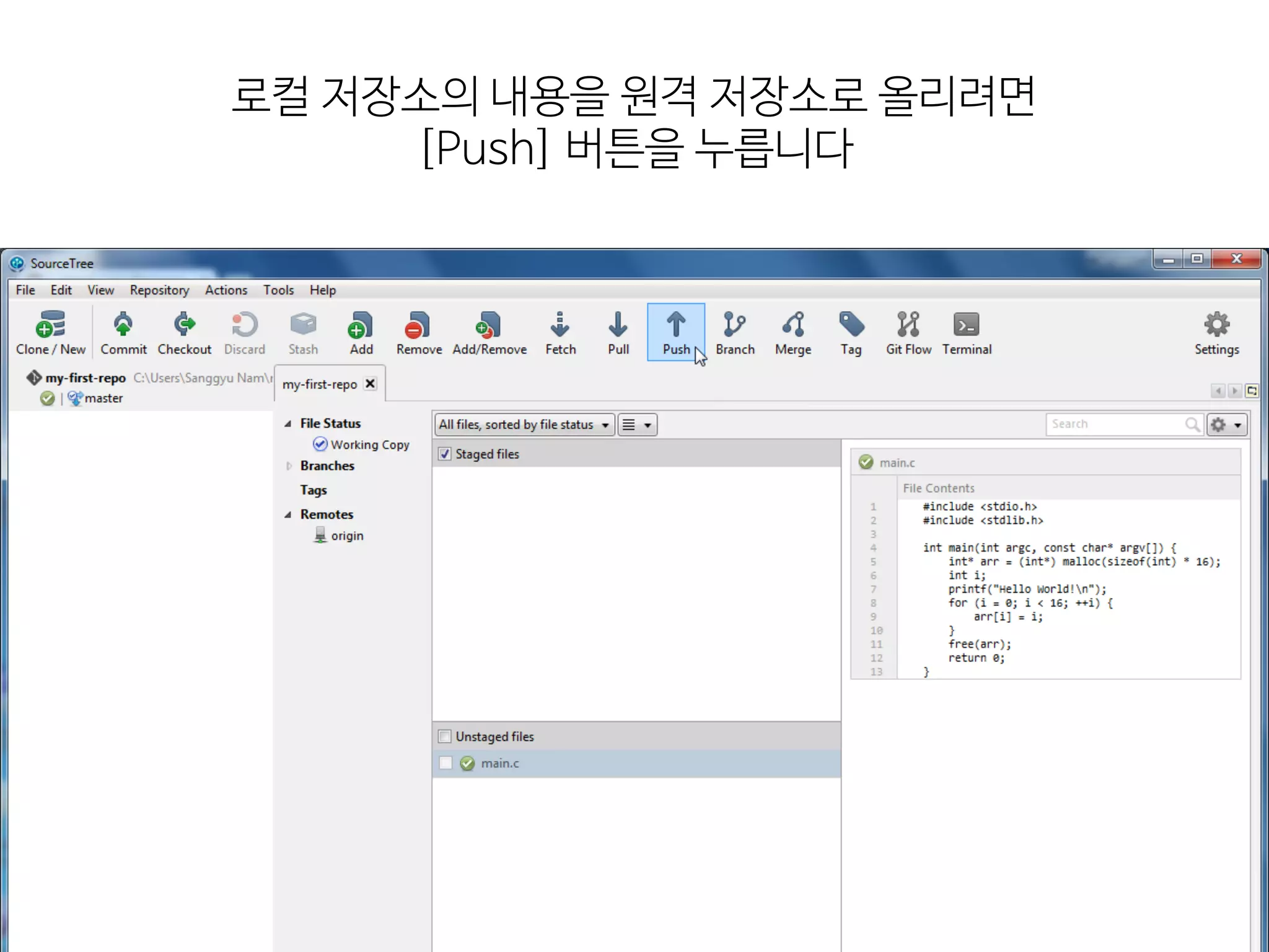 로컬  저장소의  내용을  원격  저장소로  올리려면

[Push]  버튼을  누릅니다
 