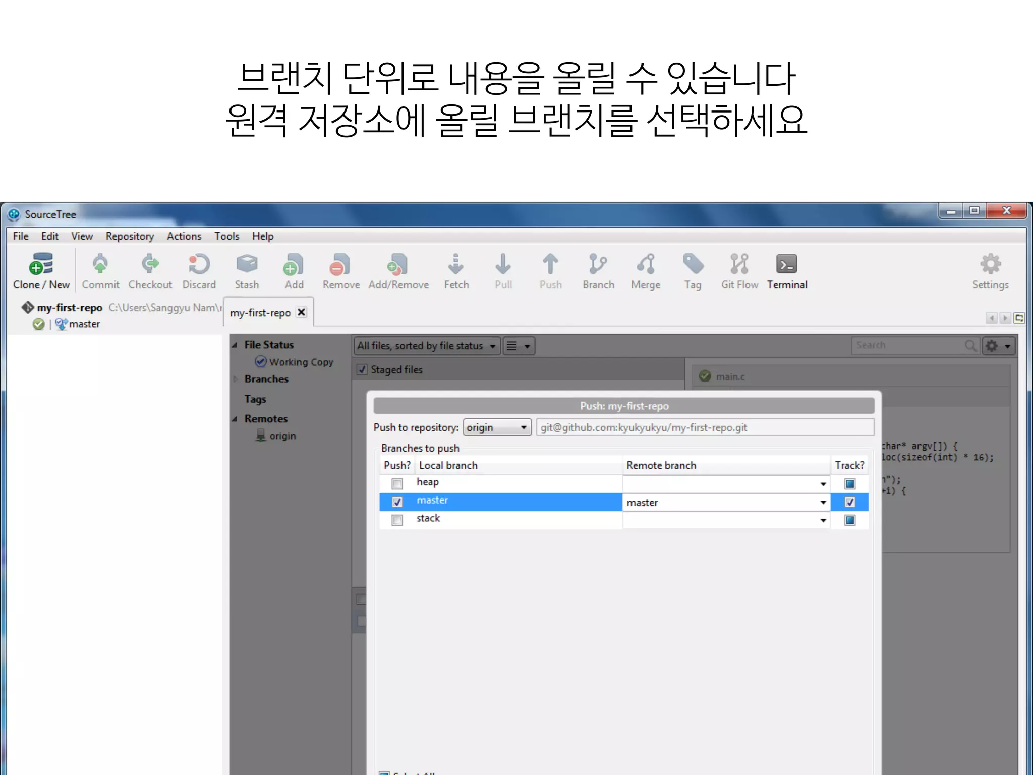 브랜치  단위로  내용을  올릴  수  있습니다

원격  저장소에  올릴  브랜치를  선택하세요
 