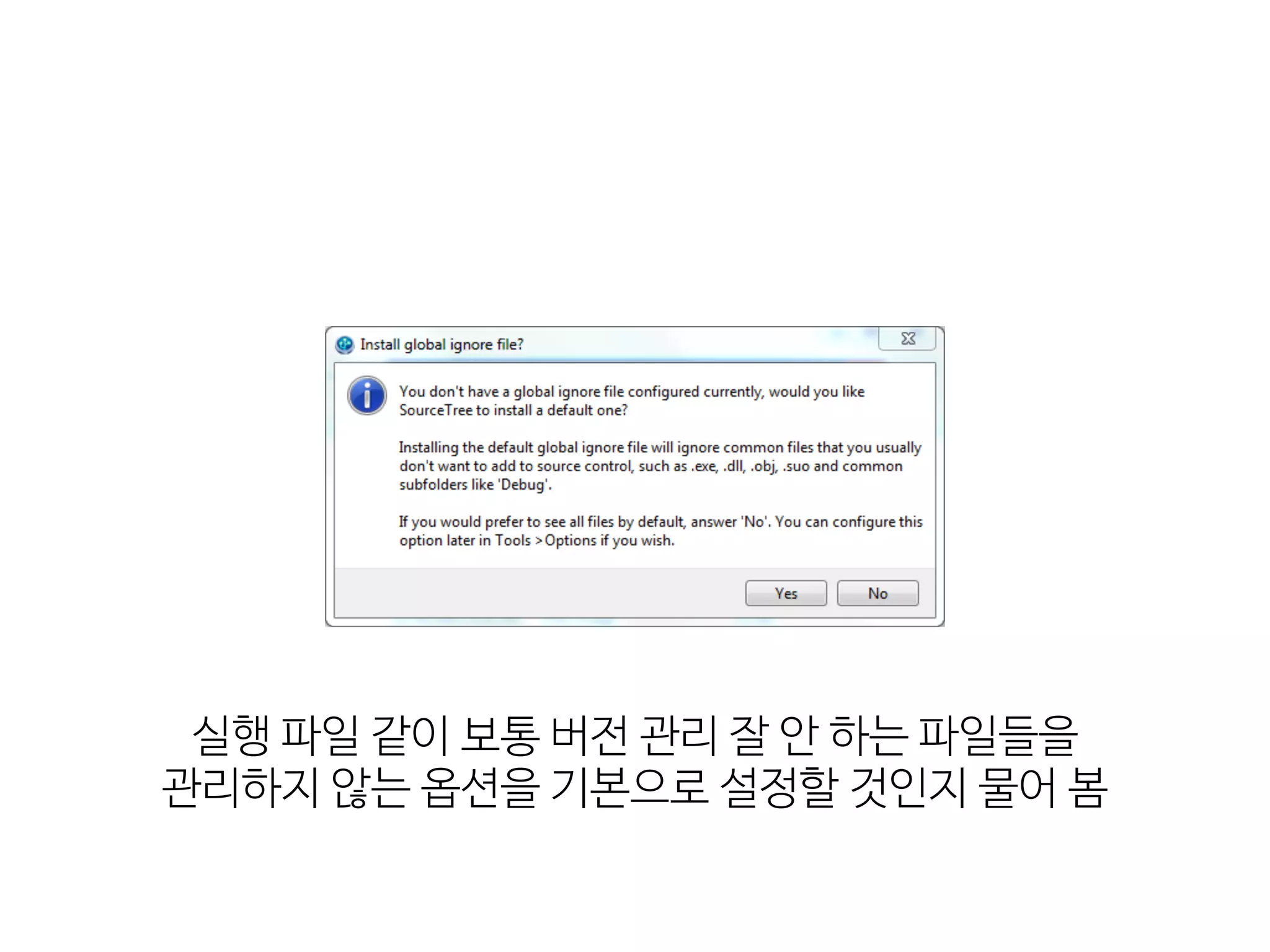 실행  파일  같이  보통  버전  관리  잘  안  하는  파일들을 
관리하지  않는  옵션을  기본으로  설정할  것인지  물어  봄
 