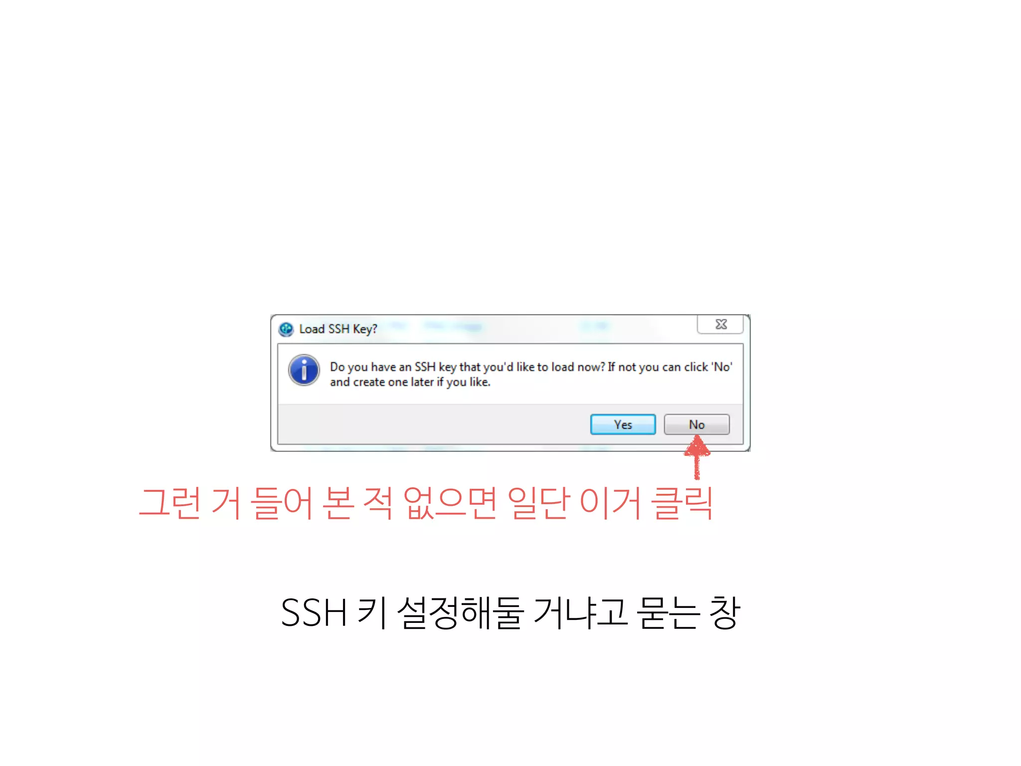SSH  키  설정해둘  거냐고  묻는  창
그런  거  들어  본  적  없으면  일단  이거  클릭
 