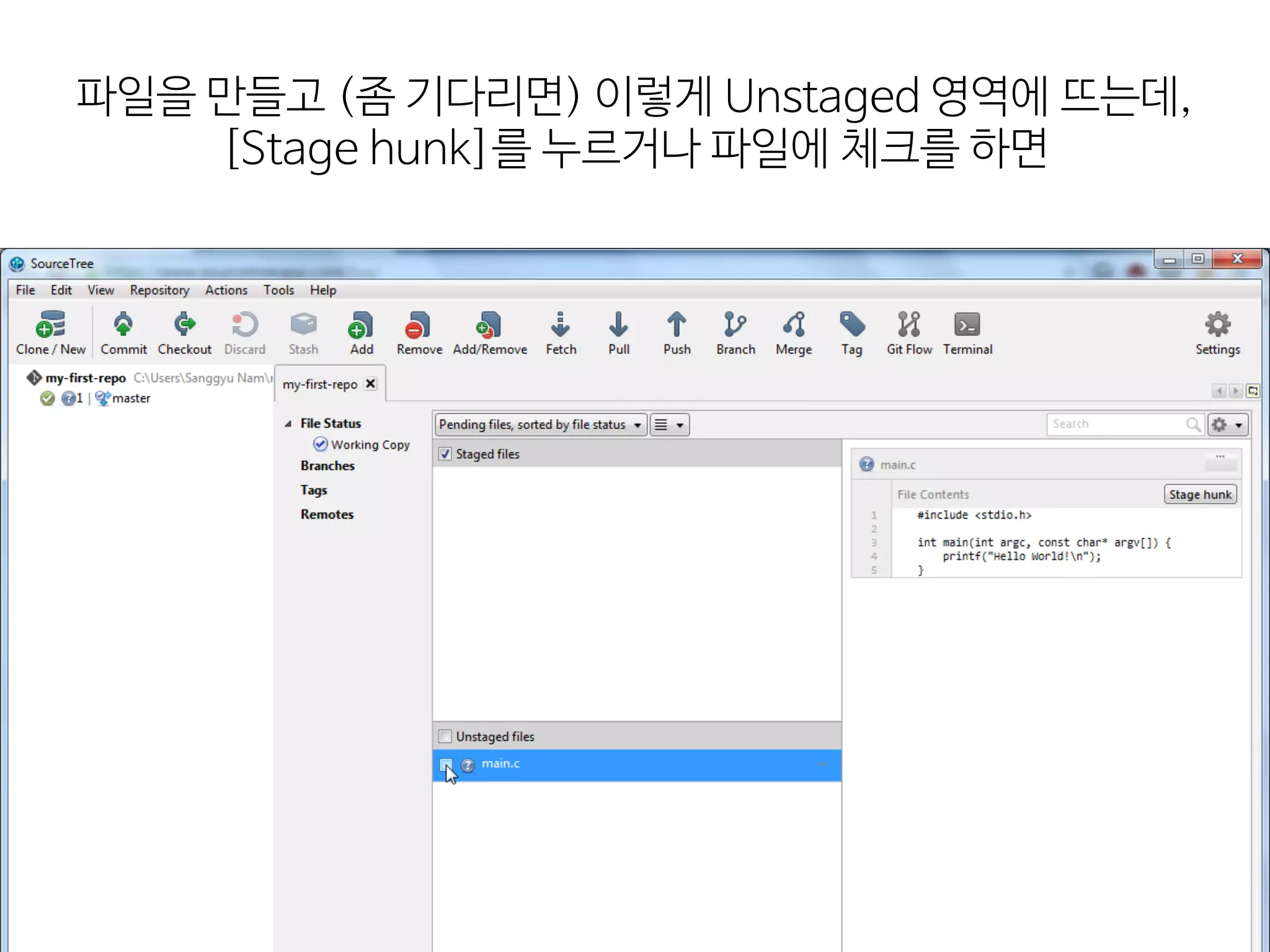 파일을  만들고  (좀  기다리면)  이렇게  Unstaged  영역에  뜨는데, 
[Stage  hunk]를  누르거나  파일에  체크를  하면
 