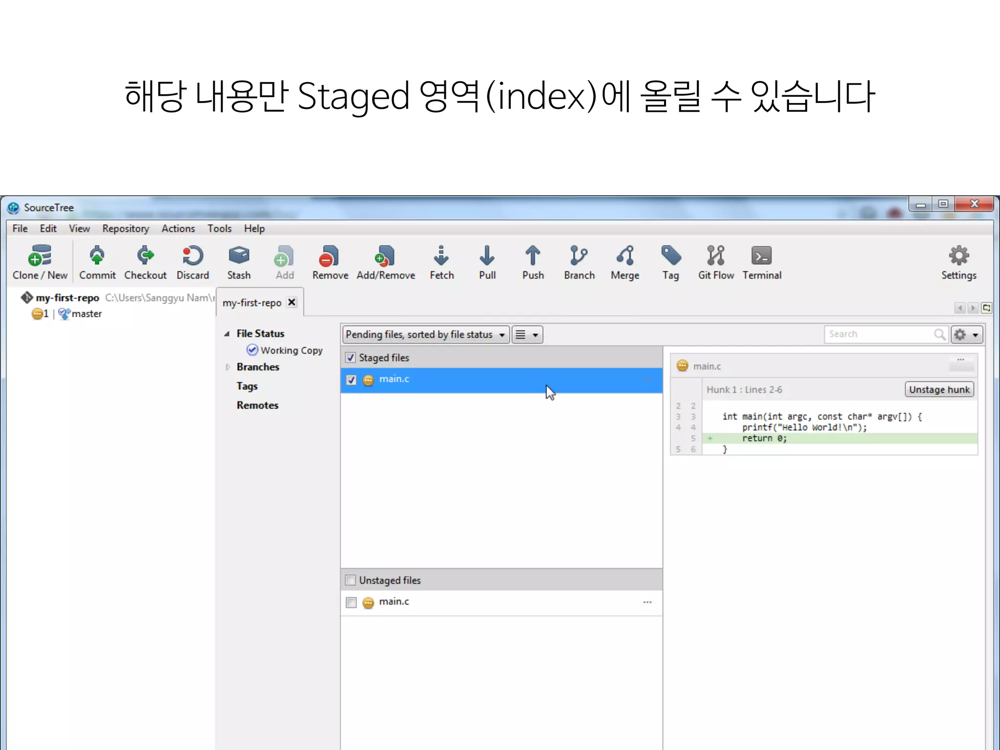 해당  내용만  Staged  영역(index)에  올릴  수  있습니다
 