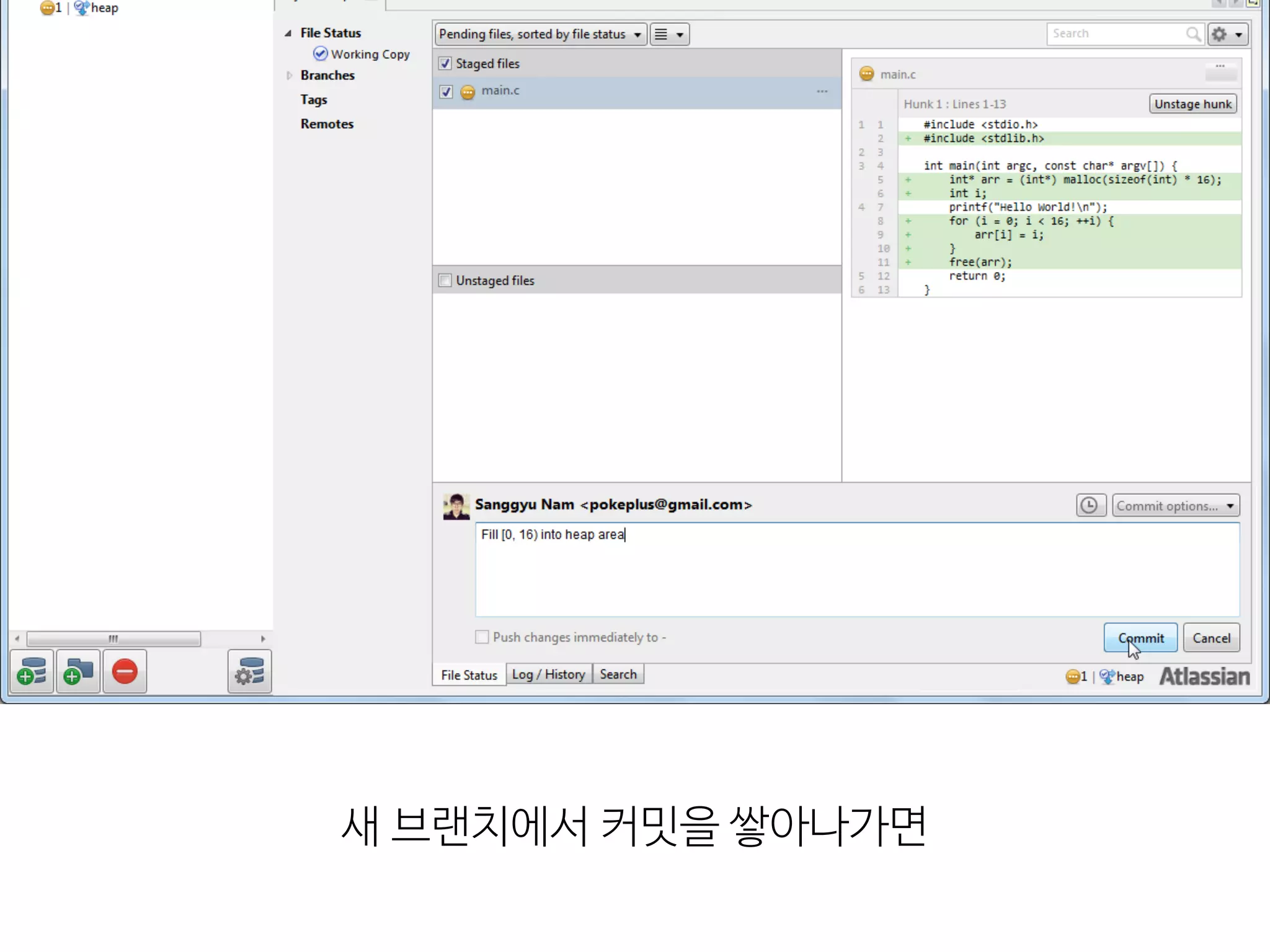 새  브랜치에서  커밋을  쌓아나가면
 