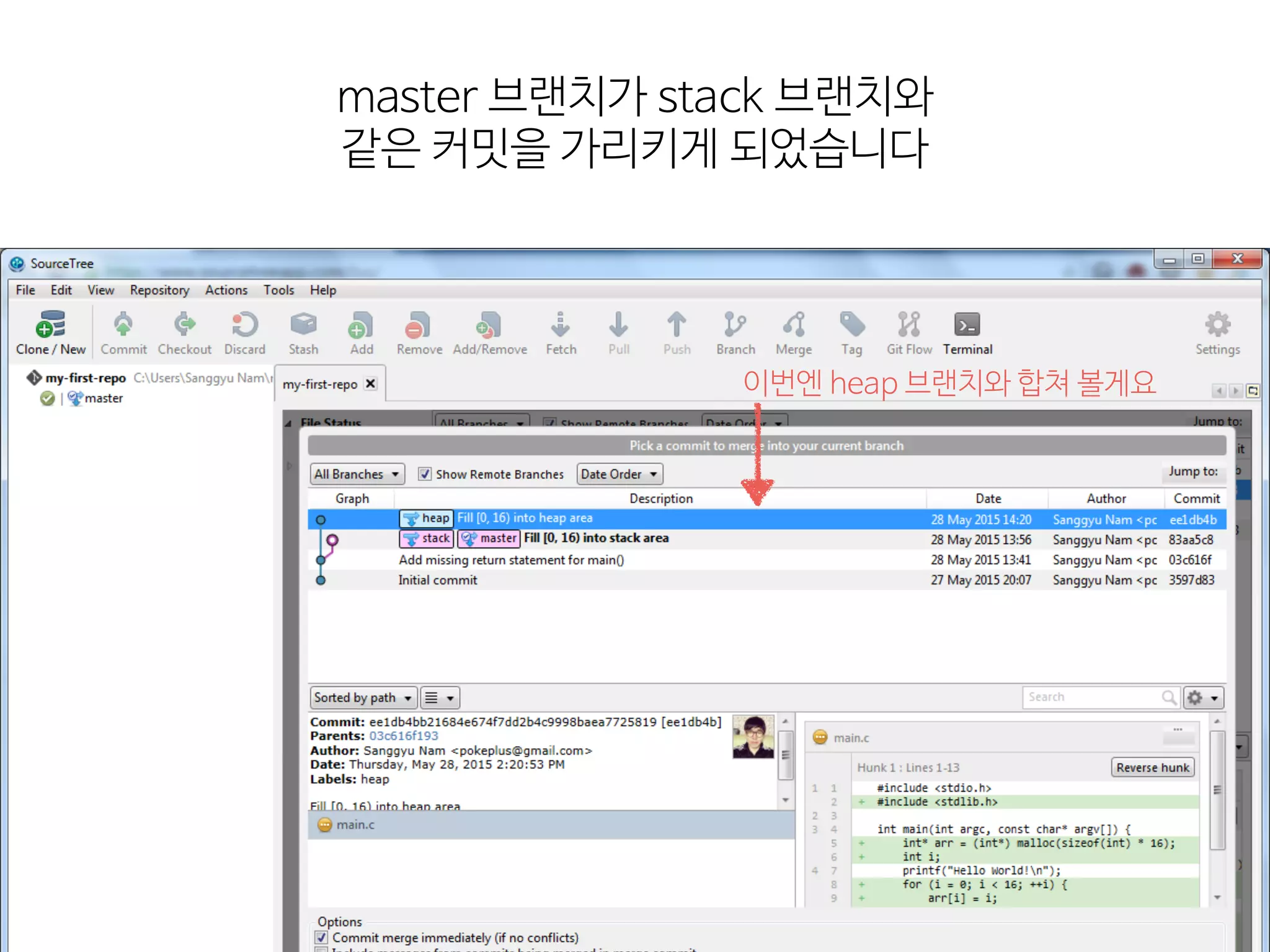 master  브랜치가  stack  브랜치와 
같은  커밋을  가리키게  되었습니다
이번엔  heap  브랜치와  합쳐  볼게요
 