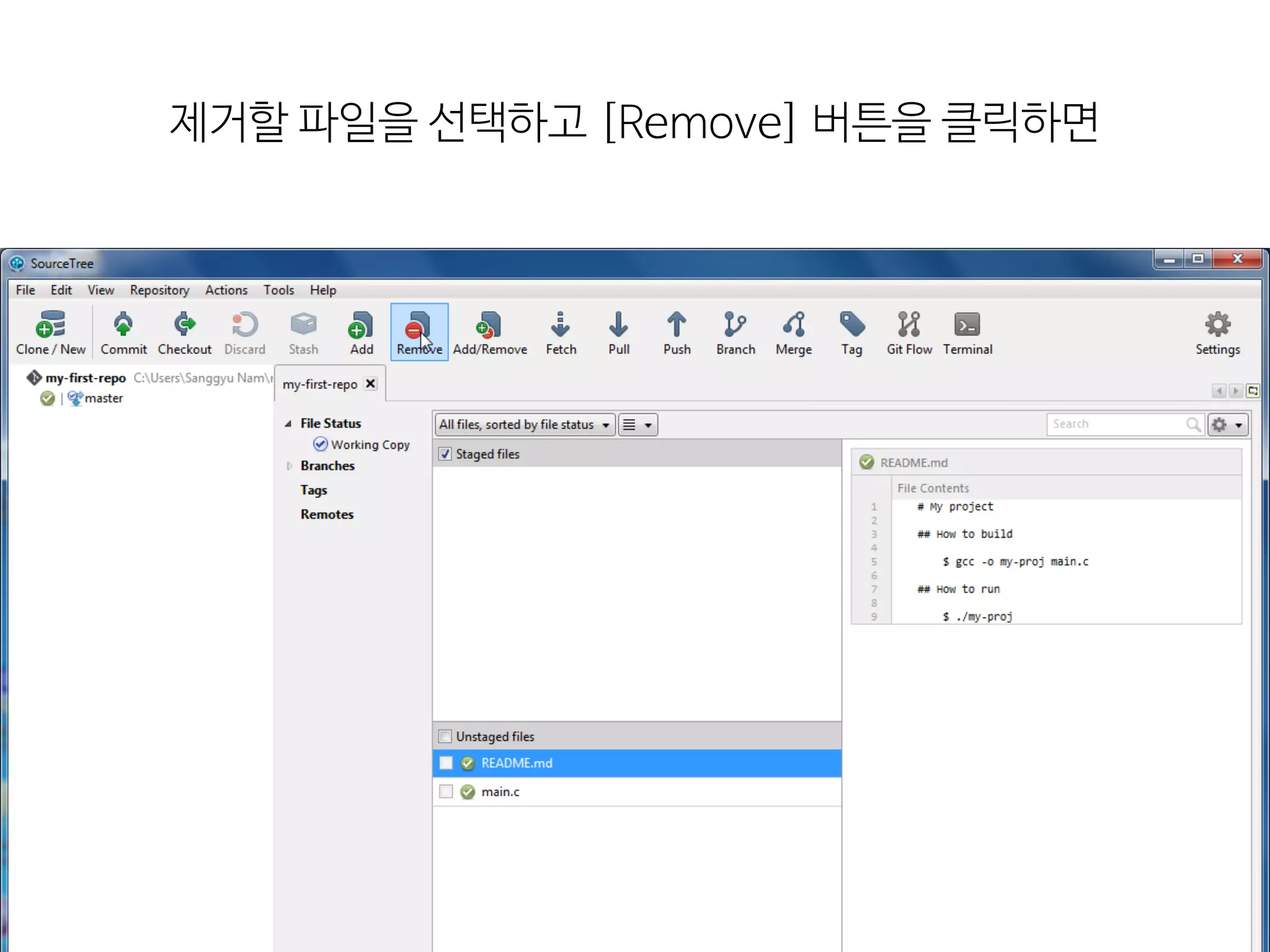 제거할  파일을  선택하고  [Remove]  버튼을  클릭하면
 