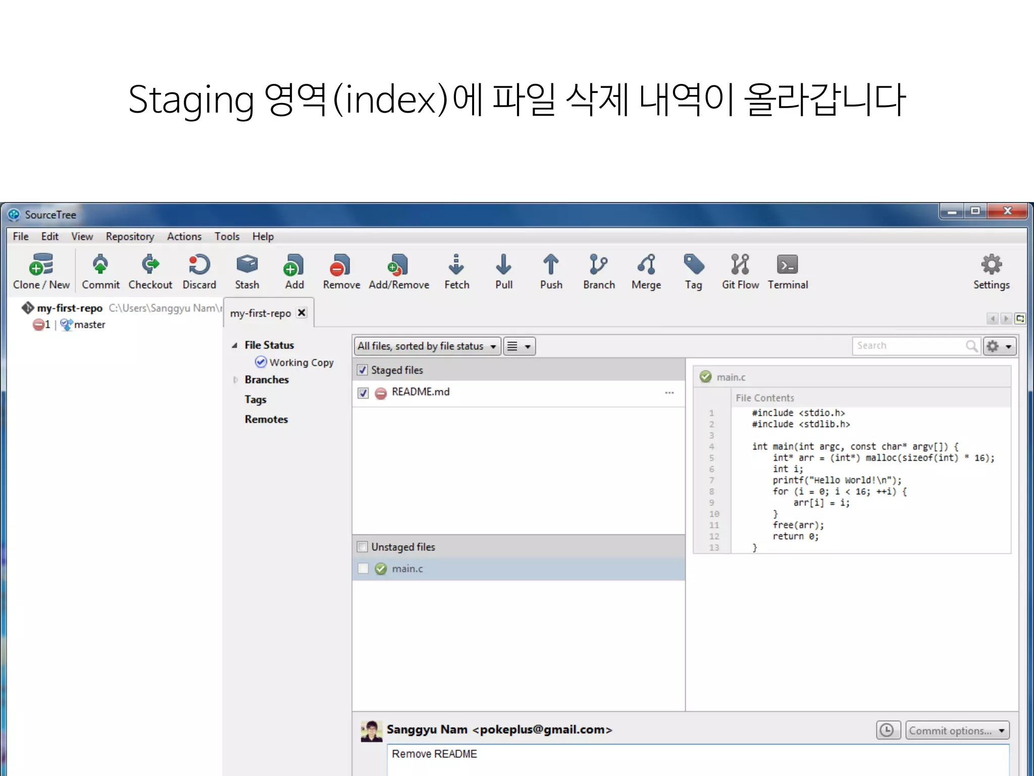 Staging  영역(index)에  파일  삭제  내역이  올라갑니다
 