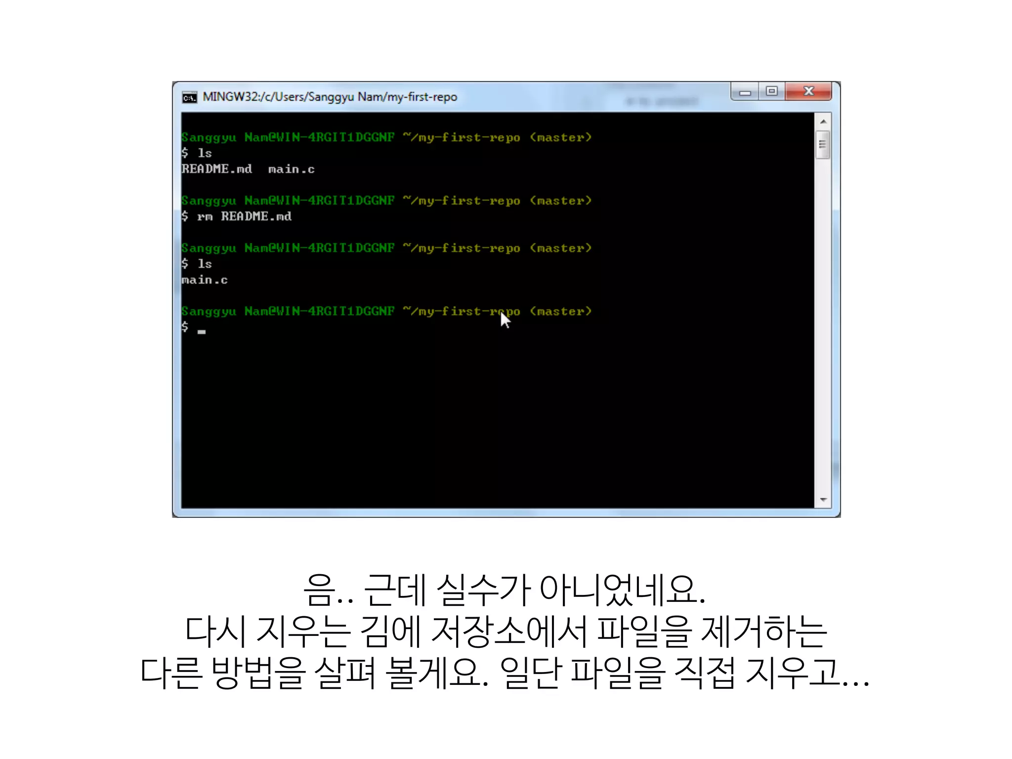 음..  근데  실수가  아니었네요.

다시  지우는  김에  저장소에서  파일을  제거하는 
다른  방법을  살펴  볼게요.  일단  파일을  직접  지우고...
 