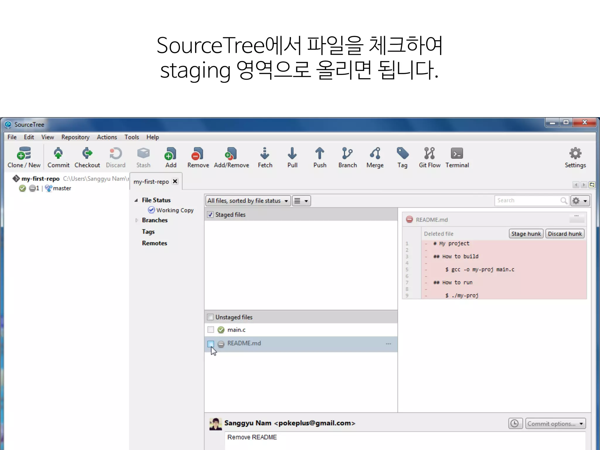SourceTree에서  파일을  체크하여 
staging  영역으로  올리면  됩니다.
 