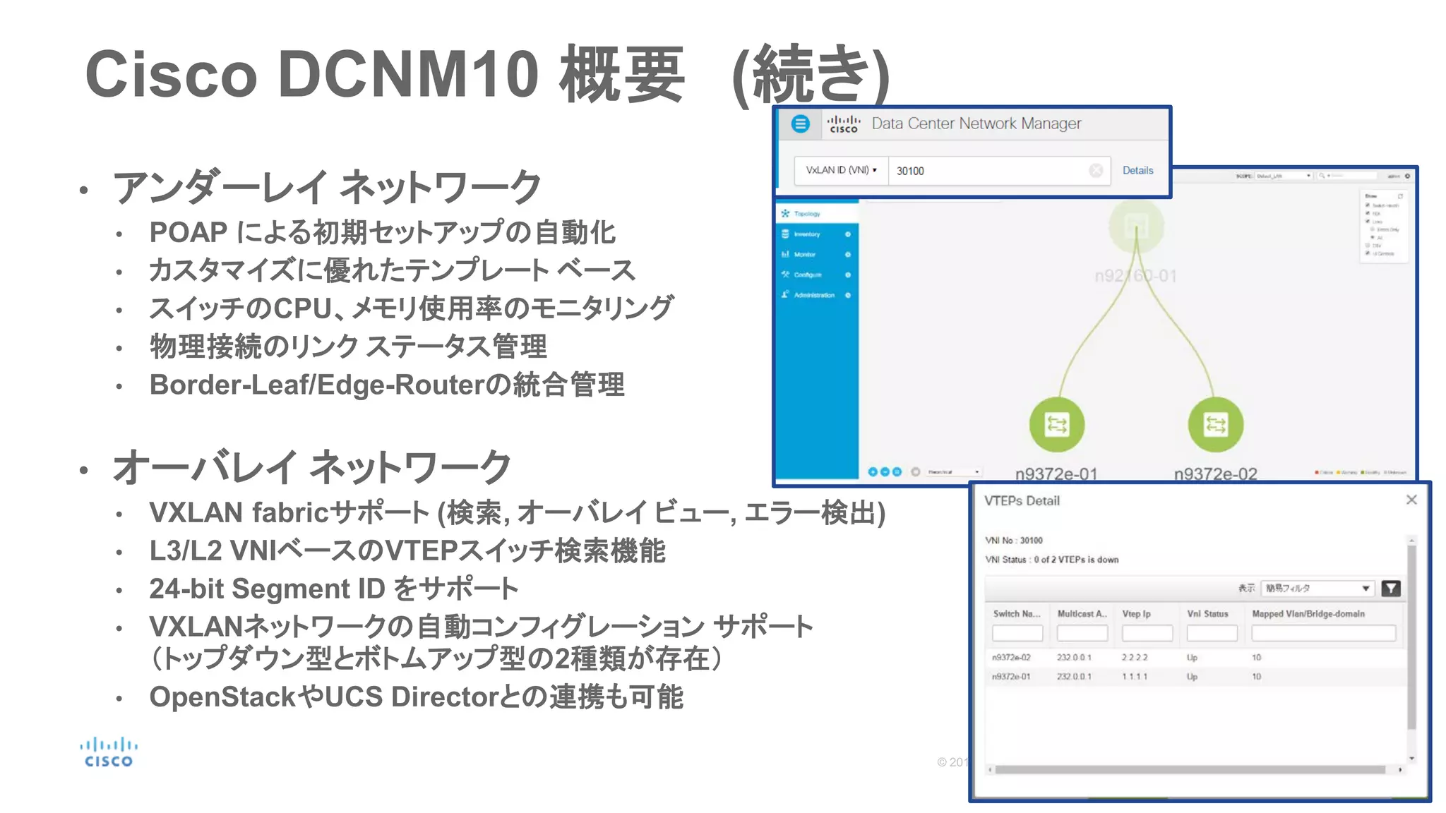 Cisco DCNM10 概要 (続き)
• アンダーレイ ネットワーク
• POAP による初期セットアップの自動化
• カスタマイズに優れたテンプレート ベース
• スイッチのCPU、メモリ使用率のモニタリング
• 物理接続のリンク ステータス管理
• Border-Leaf/Edge-Routerの統合管理
• オーバレイ ネットワーク
• VXLAN fabricサポート (検索, オーバレイ ビュー, エラー検出)
• L3/L2 VNIベースのVTEPスイッチ検索機能
• 24-bit Segment ID をサポート
• VXLANネットワークの自動コンフィグレーション サポート
（トップダウン型とボトムアップ型の2種類が存在）
• OpenStackやUCS Directorとの連携も可能
 