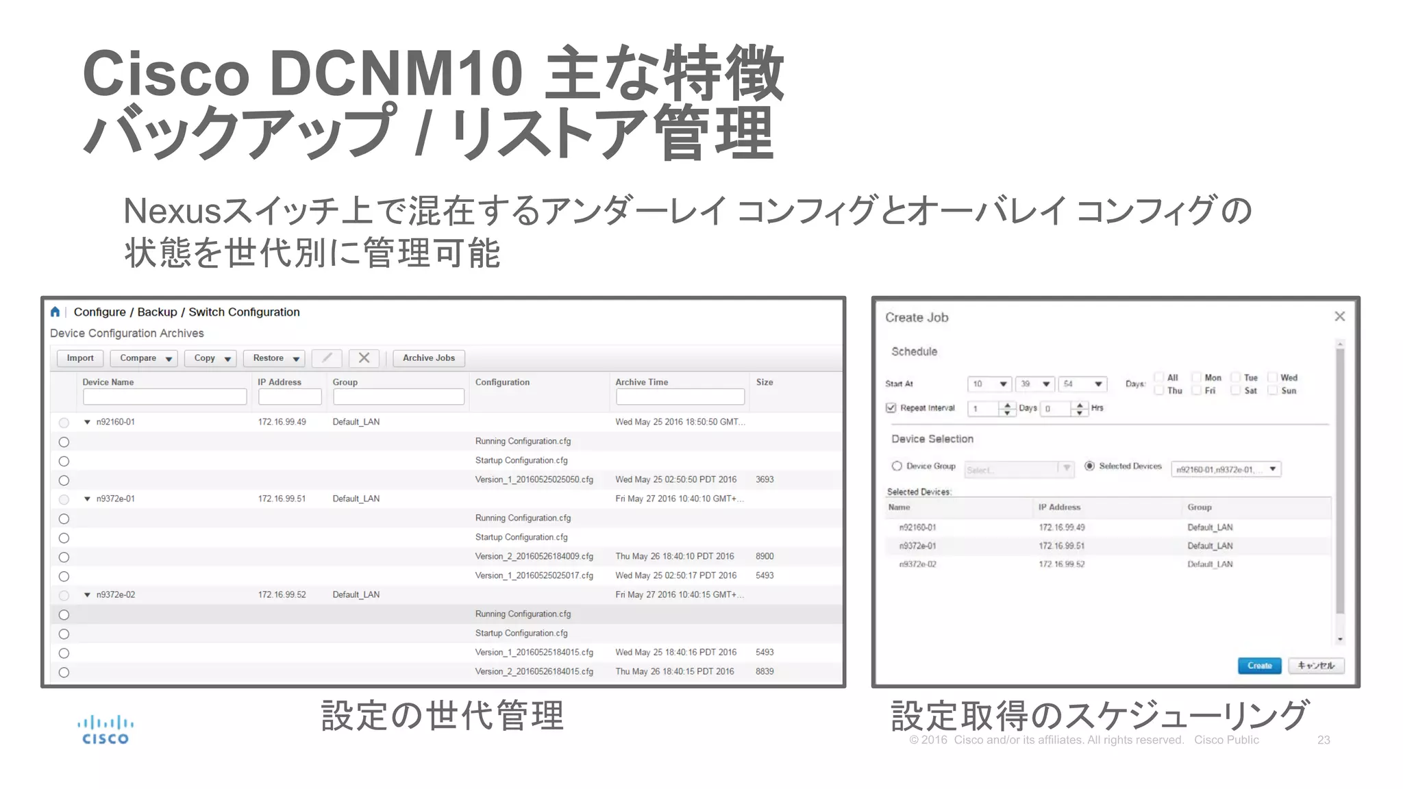 Cisco DCNM10 主な特徴
バックアップ / リストア管理
設定の世代管理 設定取得のスケジューリング
Nexusスイッチ上で混在するアンダーレイ コンフィグとオーバレイ コンフィグの
状態を世代別に管理可能
 