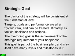 Strategic Goal
The basics of the strategy will be consistent at
the fundamantal level.
Targets, goals and performance are all a
"given" item, and can be treated ultimately as
tactical decisions and actions.
The overriding goal is the achievement of the
strategic requirement of your happiness.
This goal is part of the business plan, and may
itself have many levels and milestones in it
www.excellence-associates.com
 