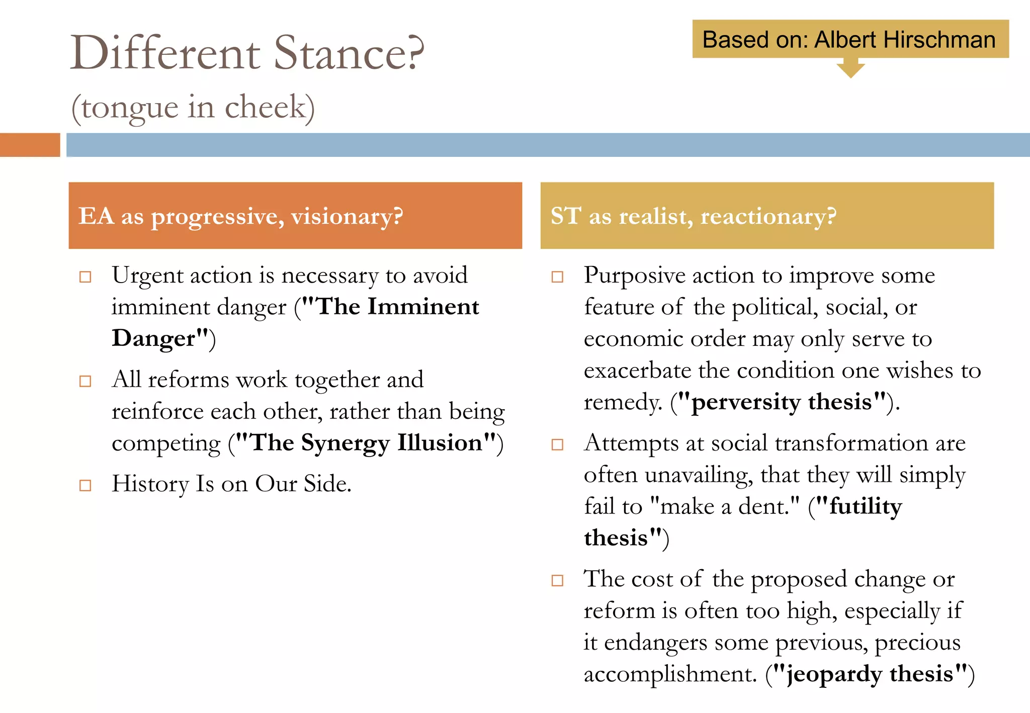 Different Stance?
(tongue in cheek)
 Urgent action is necessary to avoid
imminent danger ("The Imminent
Danger")
 All reforms work together and reinforce
each other, rather than being competing
("The Synergy Illusion")
 History Is on Our Side.
 Purposive action to improve some
feature of the political, social, or
economic order may only serve to
exacerbate the condition one wishes to
remedy. ("perversity thesis").
 Attempts at social transformation are
often unavailing, that they will simply
fail to "make a dent." ("futility thesis")
 The cost of the proposed change or
reform is often too high, especially if it
endangers some previous, precious
accomplishment. ("jeopardy thesis")
EA as progressive, visionary? ST as realist, reactionary?
Based on: Albert Hirschman
 