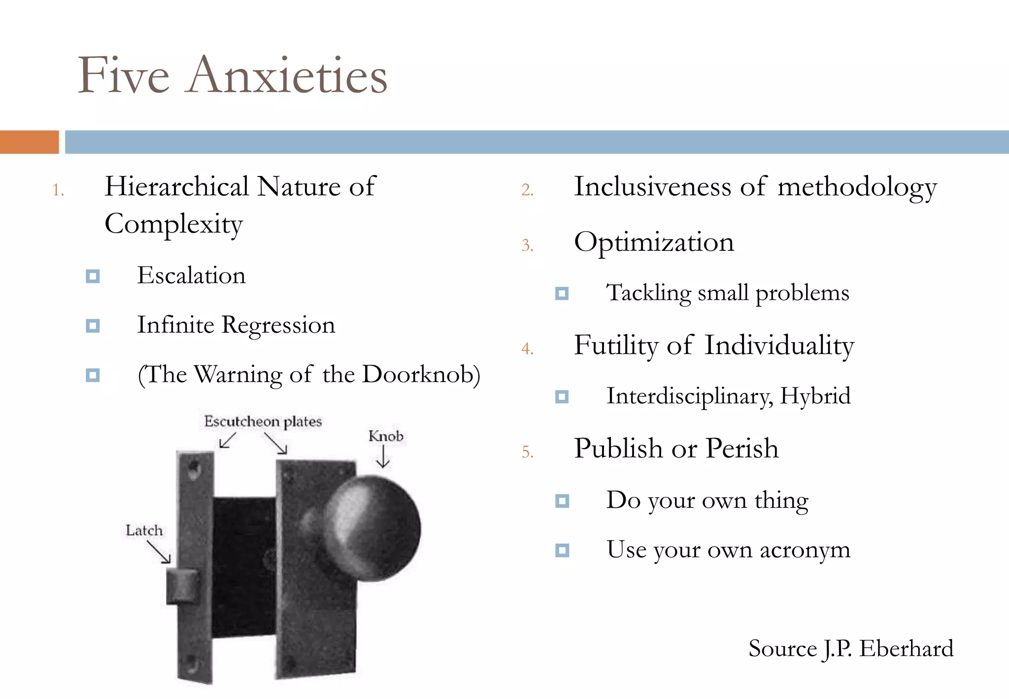 Five Anxieties
1. Hierarchical Nature of
Complexity
 Escalation
 Infinite Regression
 (The Warning of the
Doorknob)
2. Inclusiveness of
methodology
3. Optimization
 Tackling small problems
4. Futility of Individuality
 Interdisciplinary, Hybrid
5. Publish or Perish
 Do your own thing
 Use your own acronym
Source J.P. Eberhard
 