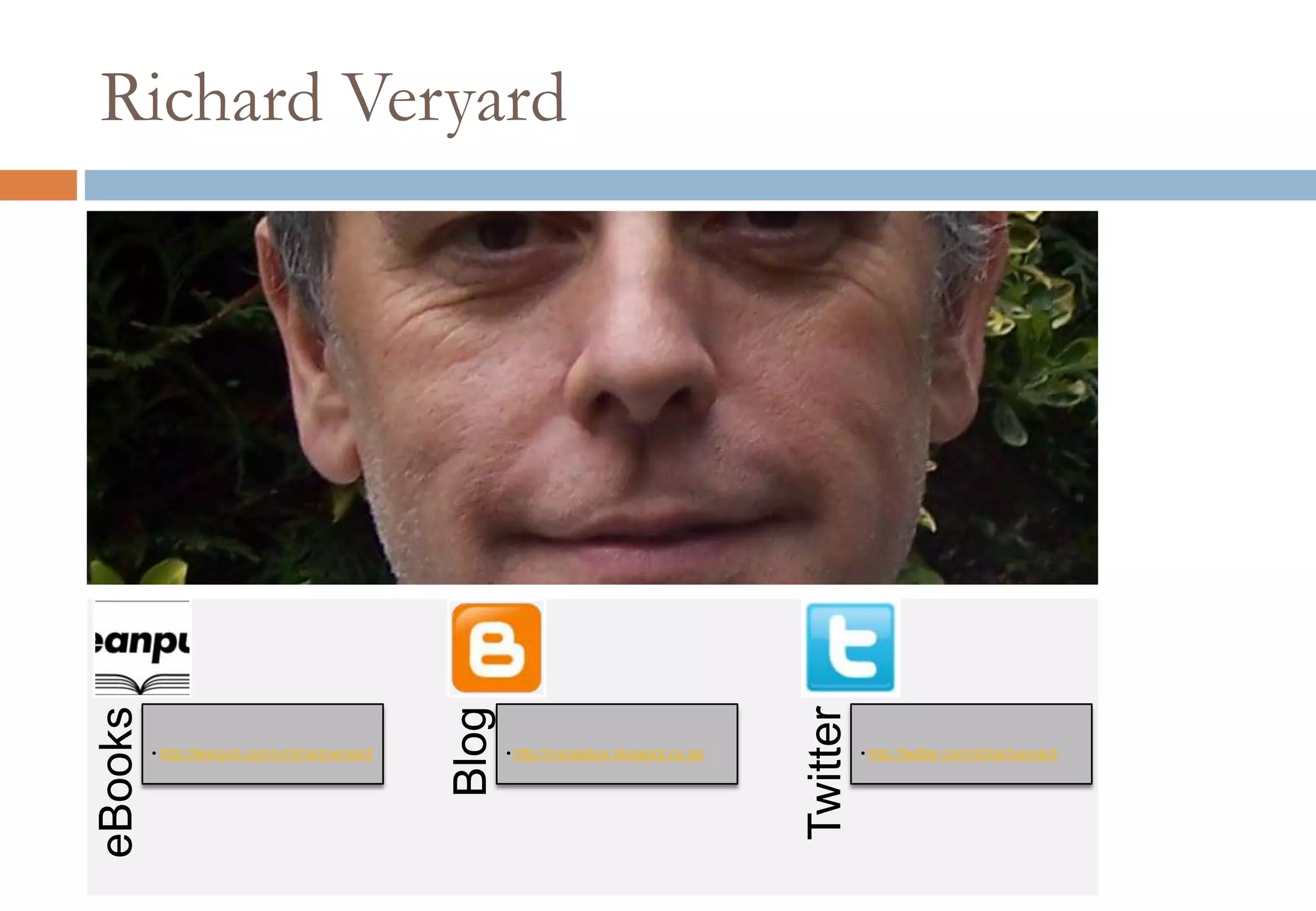 Richard VeryardeBooks
• http://leanpub.com/u/richardveryard
Blog
• http://rvsoapbox.blogspot.co.uk/
Twitter
• http://twitter.com/richardveryard
 
