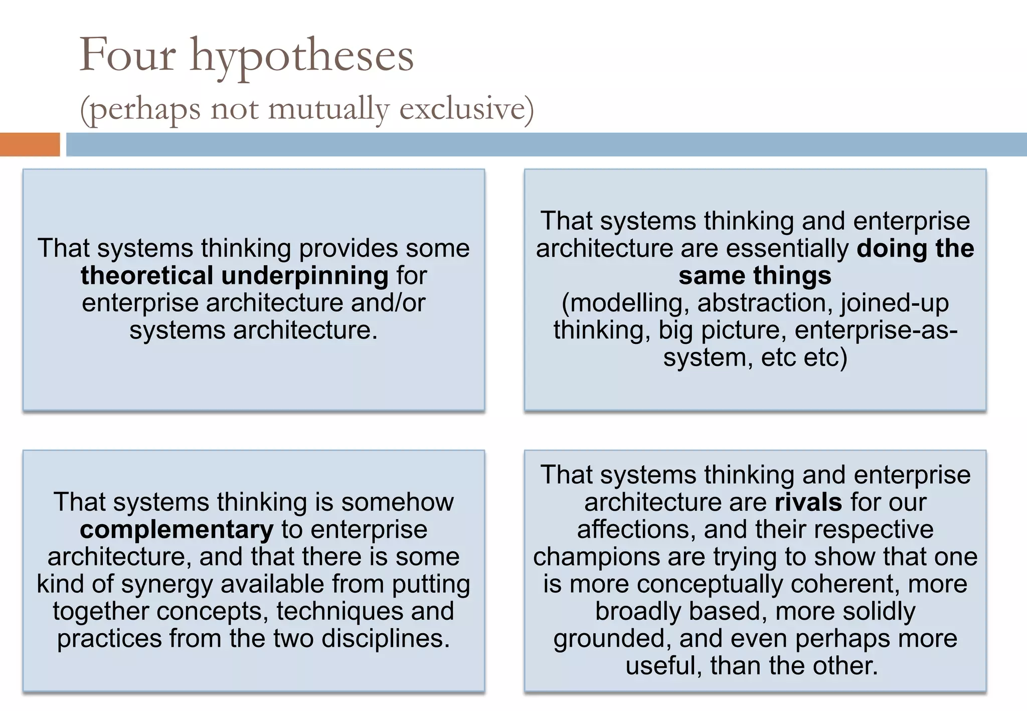 Four hypotheses
(perhaps not mutually exclusive)
That systems thinking provides some
theoretical underpinning for enterprise
architecture and/or systems architecture.
That systems thinking and enterprise
architecture are essentially doing the
same things
(modelling, abstraction, joined-up
thinking, big picture, enterprise-as-
system, etc etc)
That systems thinking is somehow
complementary to enterprise
architecture, and that there is some kind
of synergy available from putting together
concepts, techniques and practices from
the two disciplines.
That systems thinking and enterprise
architecture are rivals for our
affections, and their respective champions
are trying to show that one is more
conceptually coherent, more broadly
based, more solidly grounded, and even
perhaps more useful, than the other.
 
