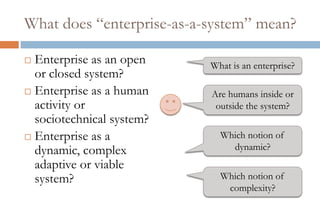 What does “enterprise-as-a-system” mean?
 Enterprise as an open
or closed system?
 Enterprise as a human
activity or
sociotechnical system?
 Enterprise as a
dynamic, complex
adaptive or viable
system?
What is an enterprise?
Are humans inside or
outside the system?
Which notion of
dynamic?
Which notion of
complexity?
 
