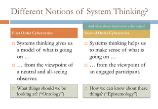 Different Notions of System Thinking?
 Systems thinking gives us
a model of what is going
on …
 … from the viewpoint of
a neutral and all-seeing
observer.
 Systems thinking helps us
to make sense of what is
going on …
 … from the viewpoint of
an engaged participant.
First Order Cybernetics Second Order Cybernetics
And what about third-order cybernetics?
 What things should we be
looking at? (“Ontology”)
 How we can know about these
things? (“Epistemology”)
 