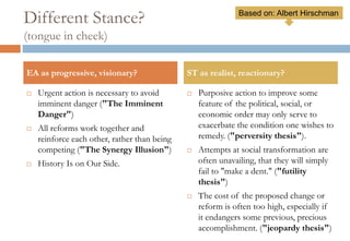 Different Stance?
(tongue in cheek)
 Urgent action is necessary to avoid
imminent danger ("The Imminent
Danger")
 All reforms work together and reinforce
each other, rather than being competing
("The Synergy Illusion")
 History Is on Our Side.
 Purposive action to improve some
feature of the political, social, or
economic order may only serve to
exacerbate the condition one wishes to
remedy. ("perversity thesis").
 Attempts at social transformation are
often unavailing, that they will simply
fail to "make a dent." ("futility thesis")
 The cost of the proposed change or
reform is often too high, especially if it
endangers some previous, precious
accomplishment. ("jeopardy thesis")
EA as progressive, visionary? ST as realist, reactionary?
Based on: Albert Hirschman
 