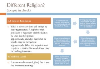 Different Religion?
(tongue in cheek)
What is necessary is to call things by their
right names. A superior man considers it
necessary that the names he uses may be
spoken appropriately, and also that what he
speaks may be carried out appropriately.
What the superior man requires, is that in
his words there may be nothing incorrect.
A name can be named, (but) this is not the
(constant) naming.
EA follows Confucius
ST follows Laozi
If names be not
correct, language is
not in accordance with
the truth of things.
If language be not in
accordance with the
truth of things, affairs
cannot be carried on
to success.
When affairs cannot
be carried on to
success, proprieties
and harmony will not
flourish.
When proprieties and
harmony do not
flourish, punishments
will not be properly
awarded.
When punishments
are not properly
awarded, the people
do not know how to
move hand or foot.
 