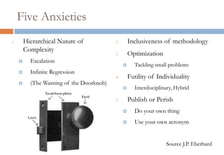 Five Anxieties
1. Hierarchical Nature of
Complexity
 Escalation
 Infinite Regression
 (The Warning of the
Doorknob)
2. Inclusiveness of
methodology
3. Optimization
 Tackling small problems
4. Futility of Individuality
 Interdisciplinary, Hybrid
5. Publish or Perish
 Do your own thing
 Use your own acronym
Source J.P. Eberhard
 