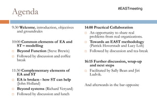 Agenda
9:30 Welcome, introduction, objectives
and groundrules
10:00 Common elements of EA and
ST – modelling
 Beyond Function (Steve Brewis)
 Followed by discussion and coffee
break
11:30 Complementary elements of
EA and ST
 EA is broken - how ST can help
(John Holland)
 Beyond systems (Richard Veryard)
 Followed by discussion and lunch
14:00 Practical Collaboration
 An opportunity to share real
problems from real organizations.
 Towards an EAST methodology
(Patrick Hoverstadt and Lucy Loh)
 Followed by discussion and tea-break
16:15 Further discussion, wrap-up
and next steps
 Facilitated by Sally Bean and
JiriLudvik.
And afterwards in the bar opposite
#EASTmeeting
 