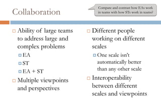 Collaboration
 Ability of large teams
to address large and
complex problems
 EA
 ST
 EA + ST
 Multiple viewpoints
and perspectives
 Different people
working on different
scales
 One scale isn’t
automatically better
than any other scale
 Interoperability
between different
scales and viewpoints
Compare and contrast how EAs work
in teams with how STs work in teams?
 