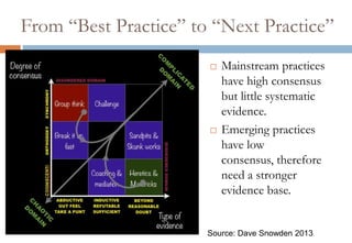 From “Best Practice” to “Next Practice”
 Mainstream practices
have high consensus
but little systematic
evidence.
 Emerging practices
have low
consensus, therefore
need a stronger
evidence base.
Source: Dave Snowden 2013
 