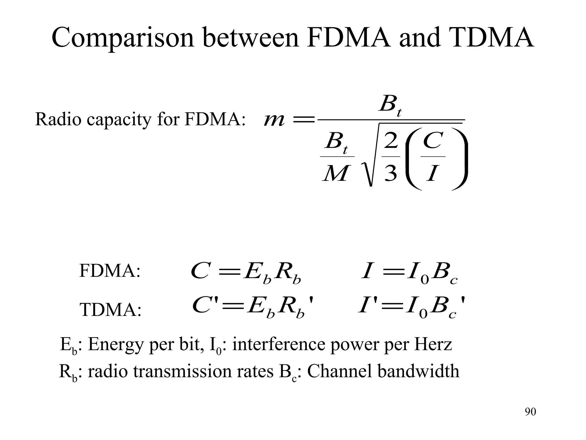 Comparison between FDMA and TDMA E b : Energy per bit, I 0 : interference power per Herz R b : radio transmission rates B c : Channel bandwidth FDMA: TDMA: Radio capacity for FDMA: 