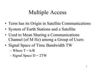 Multiple Access Term has its Origin in Satellite Communications System of Earth Stations and a Satellite Used to Mean Sharing a Communications Channel (of M Hz) among a Group of Users Signal Space of Time Bandwidth TW Where T = k/R Signal Space D = 2TW 
