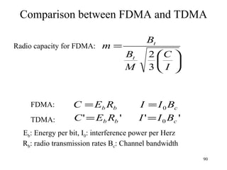 Comparison between FDMA and TDMA E b : Energy per bit, I 0 : interference power per Herz R b : radio transmission rates B c : Channel bandwidth FDMA: TDMA: Radio capacity for FDMA: 