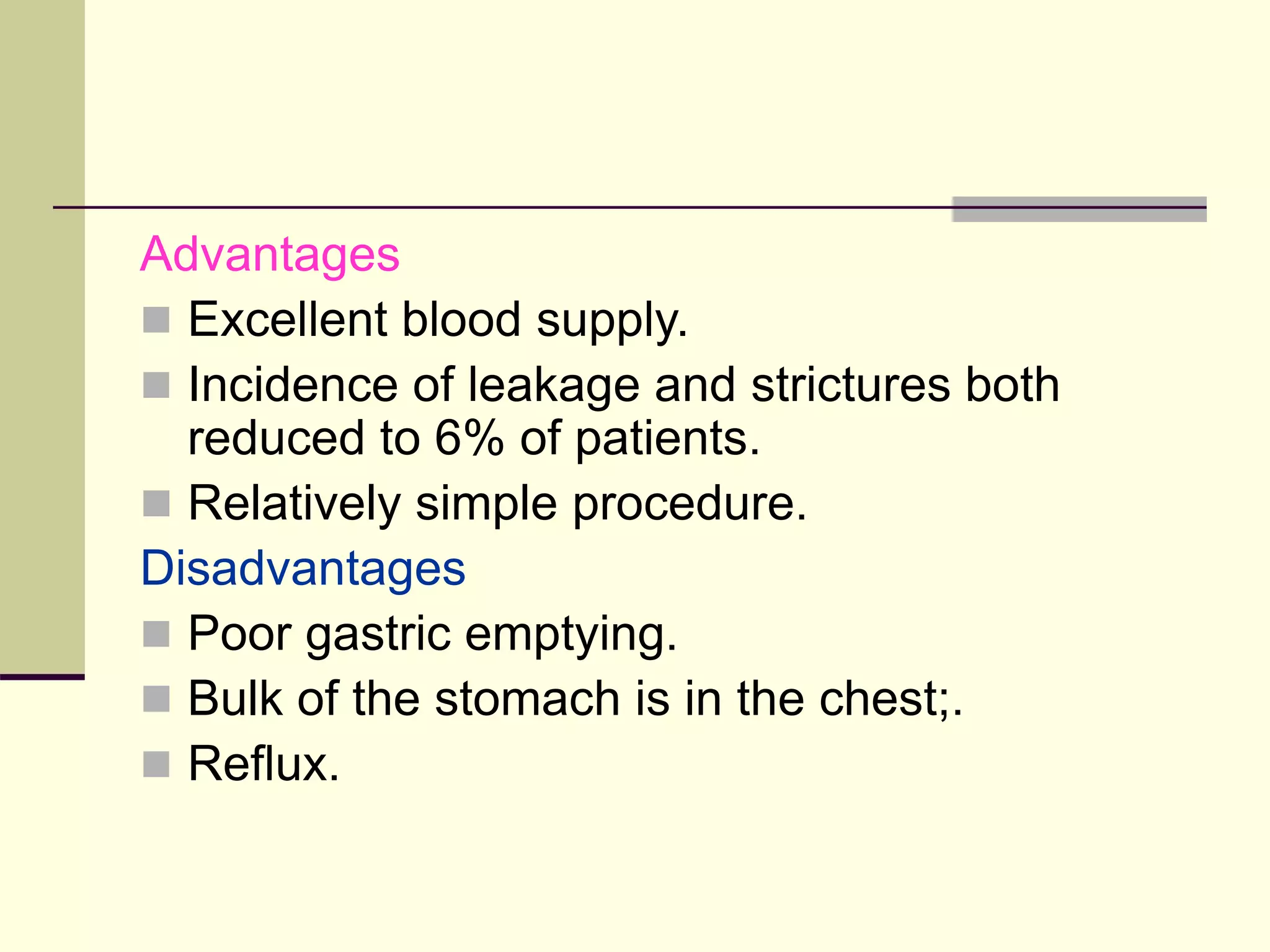 Advantages
 Excellent blood supply.
 Incidence of leakage and strictures both
reduced to 6% of patients.
 Relatively simple procedure.
Disadvantages
 Poor gastric emptying.
 Bulk of the stomach is in the chest;.
 Reflux.
 