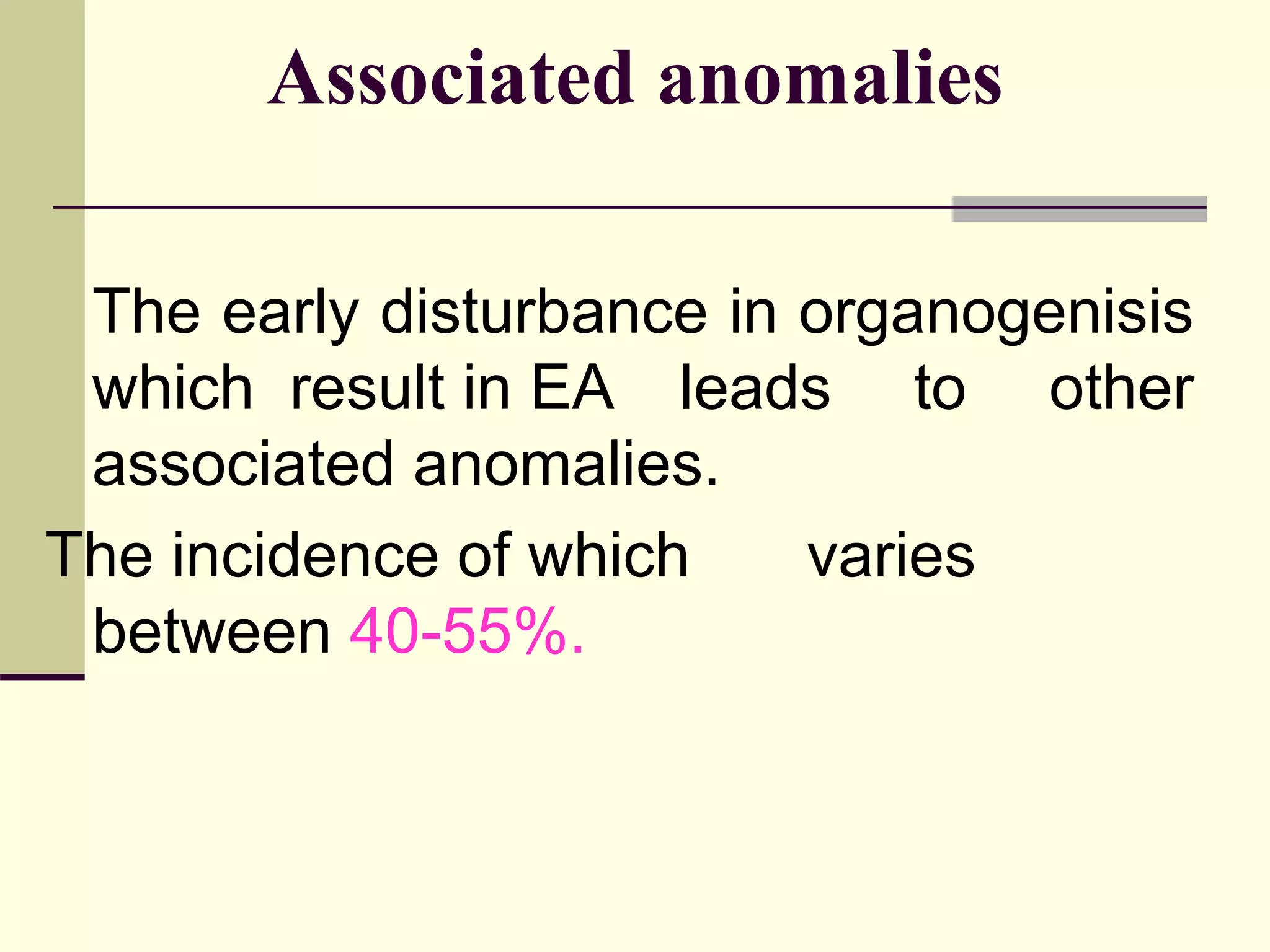 Associated anomalies
The early disturbance in organogenisis
which result in EA leads to other
associated anomalies.
The incidence of which varies
between 40-55%.
 