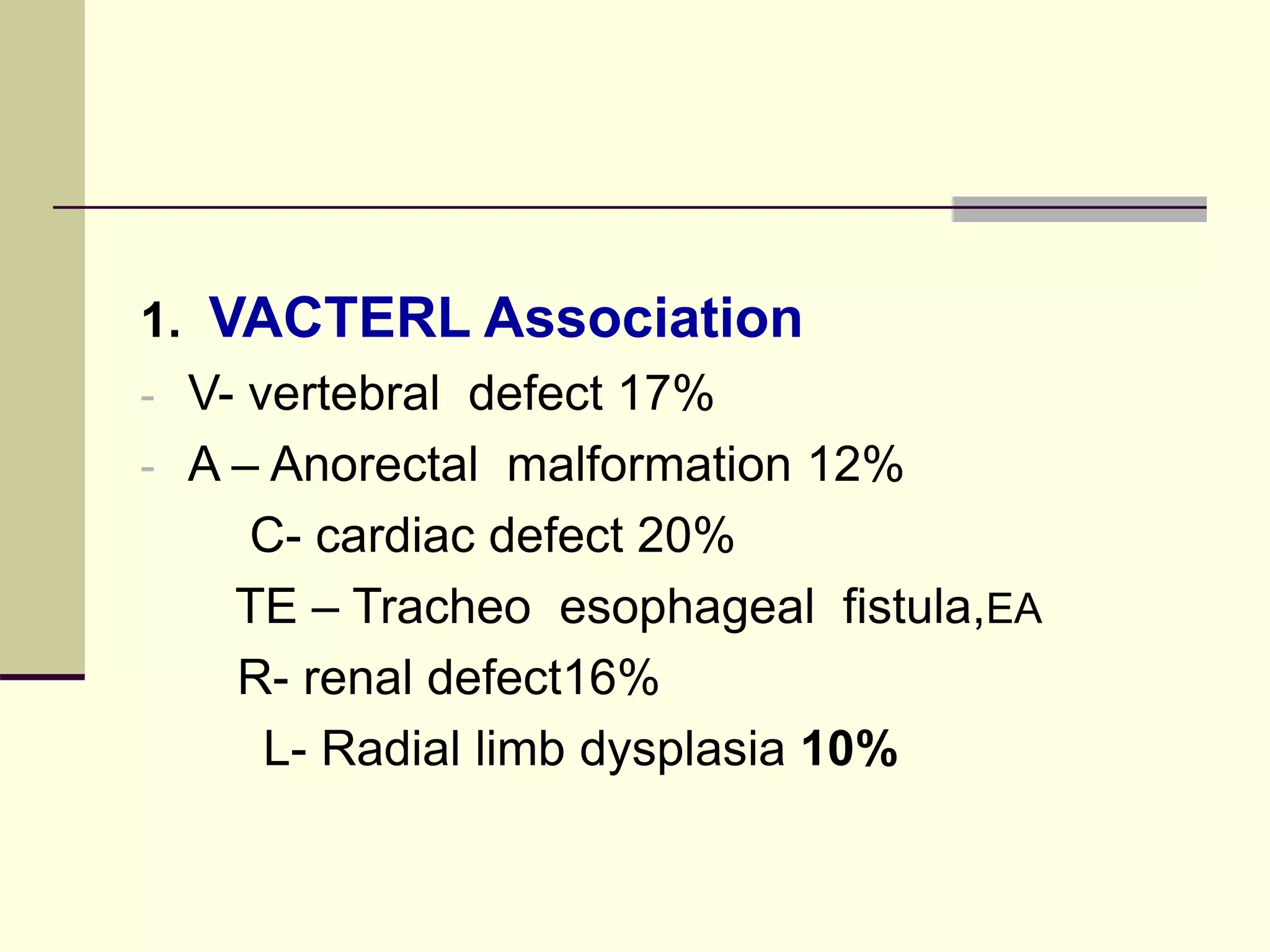 1. VACTERL Association
- V- vertebral defect 17%
- A – Anorectal malformation 12%
C- cardiac defect 20%
TE – Tracheo esophageal fistula,EA
R- renal defect16%
L- Radial limb dysplasia 10%
 