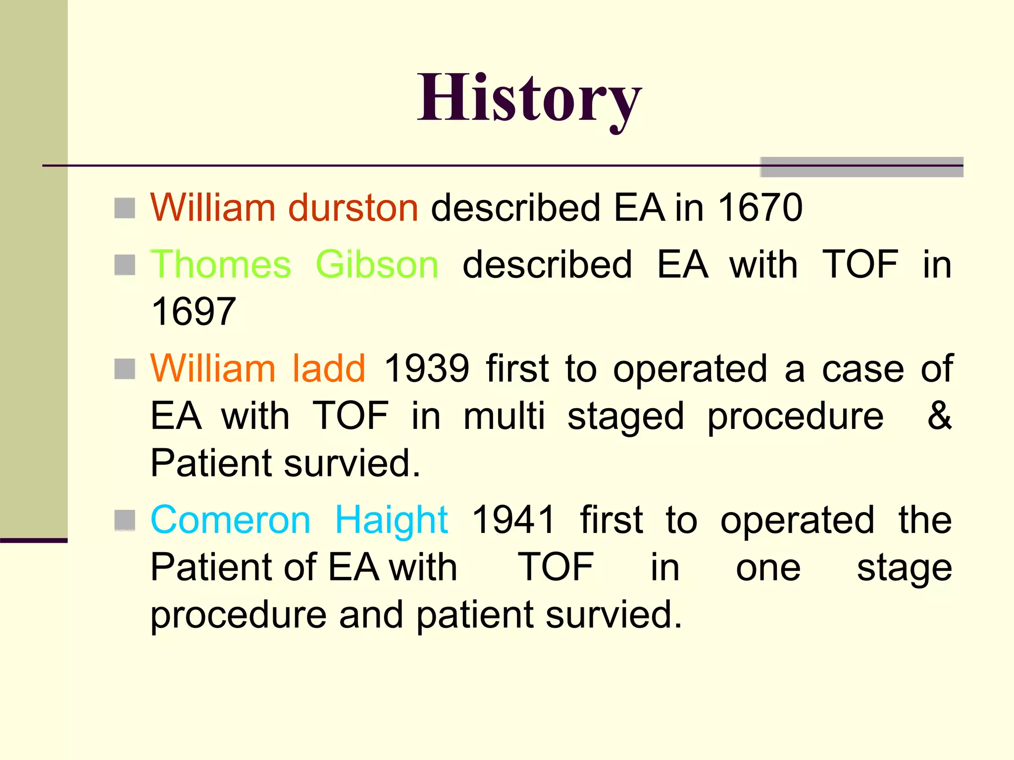 History
 William durston described EA in 1670
 Thomes Gibson described EA with TOF in
1697
 William ladd 1939 first to operated a case of
EA with TOF in multi staged procedure &
Patient survied.
 Comeron Haight 1941 first to operated the
Patient of EA with TOF in one stage
procedure and patient survied.
 