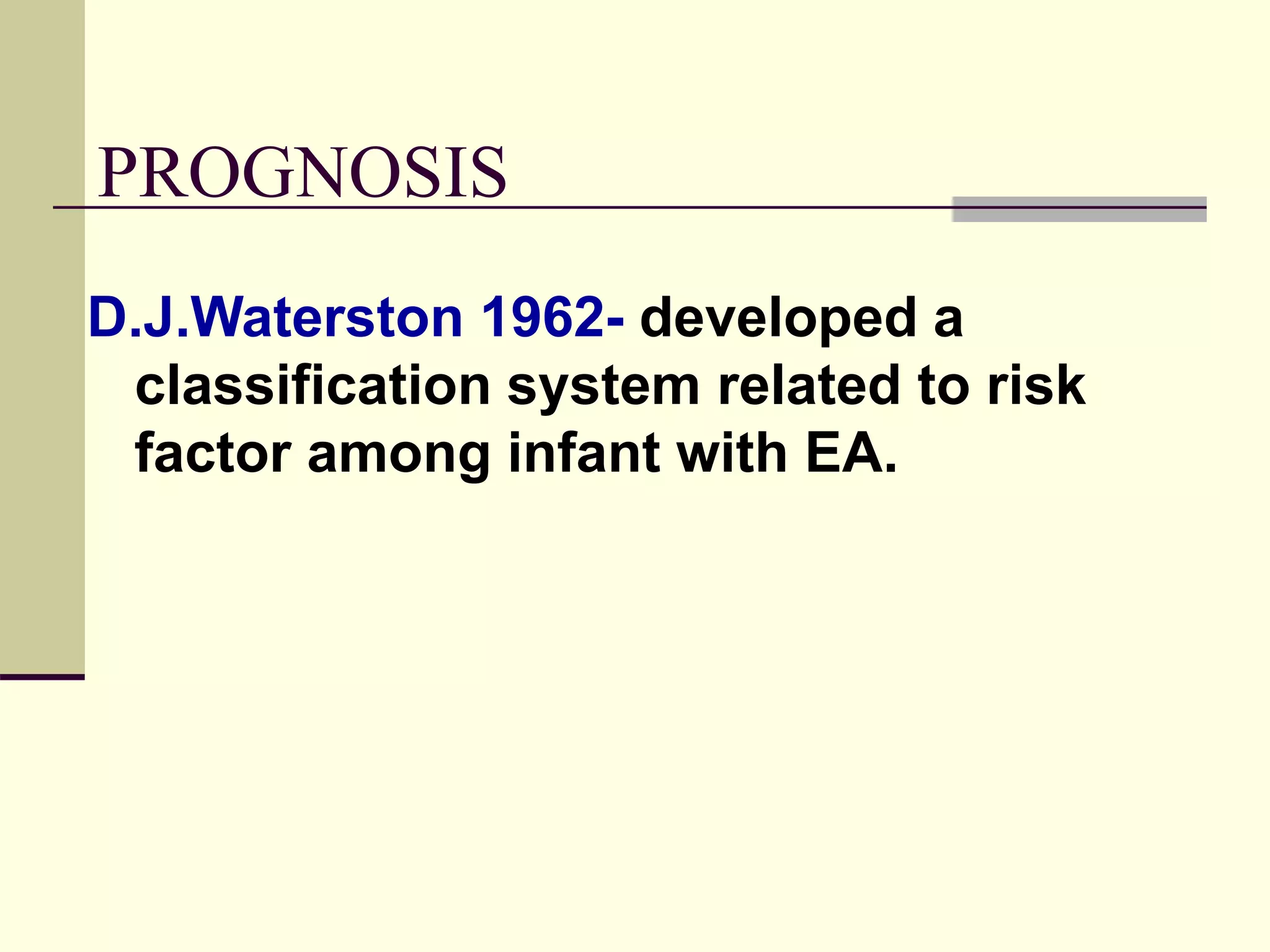 D.J.Waterston 1962- developed a
classification system related to risk
factor among infant with EA.
PROGNOSIS
 