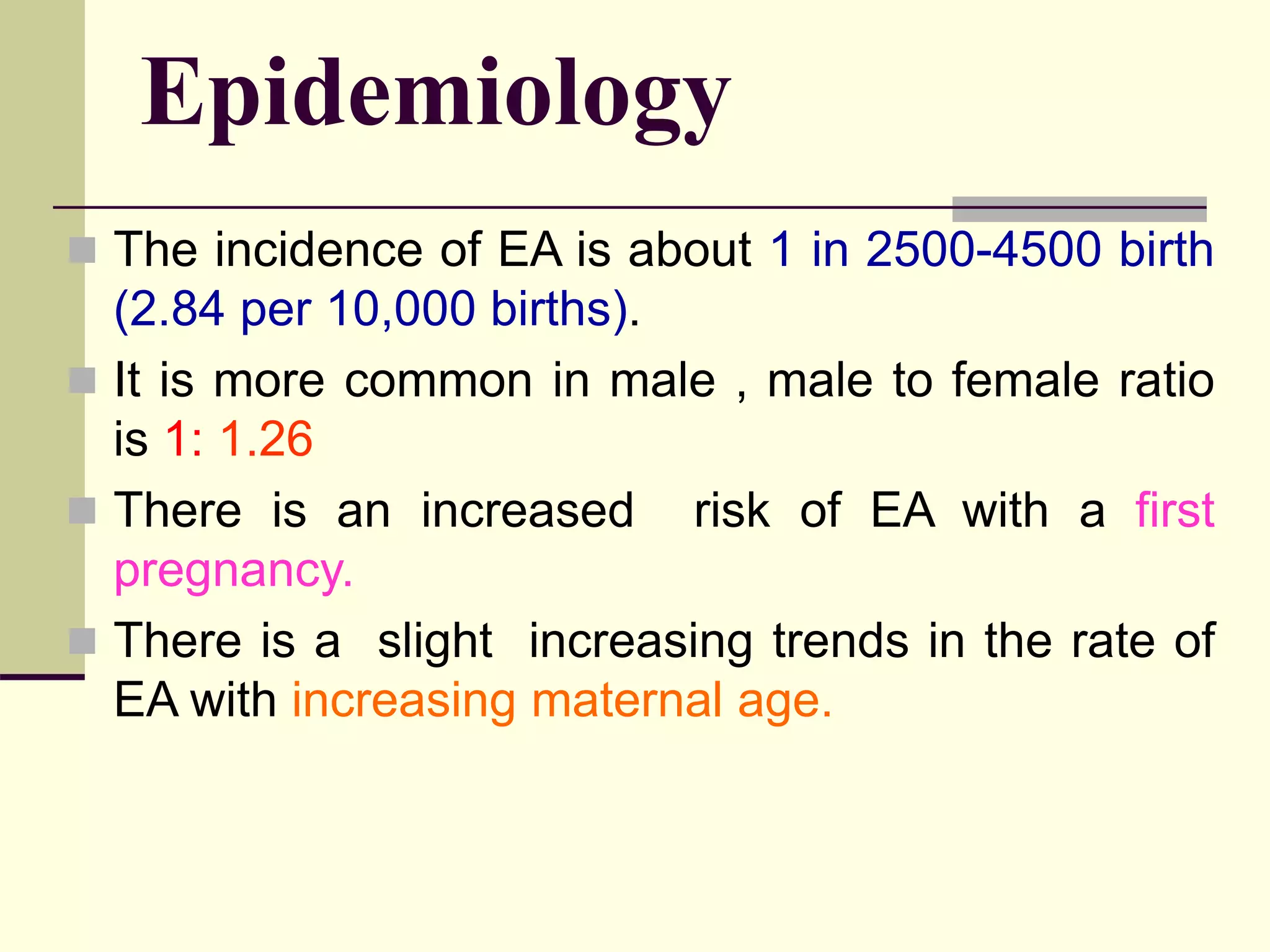 Epidemiology
 The incidence of EA is about 1 in 2500-4500 birth
(2.84 per 10,000 births).
 It is more common in male , male to female ratio
is 1: 1.26
 There is an increased risk of EA with a first
pregnancy.
 There is a slight increasing trends in the rate of
EA with increasing maternal age.
 