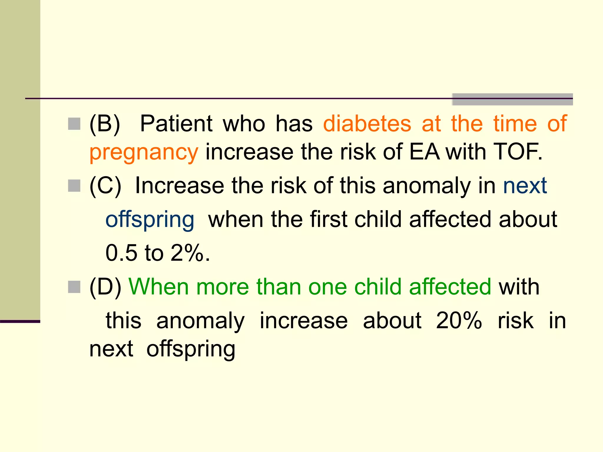  (B) Patient who has diabetes at the time of
pregnancy increase the risk of EA with TOF.
 (C) Increase the risk of this anomaly in next
offspring when the first child affected about
0.5 to 2%.
 (D) When more than one child affected with
this anomaly increase about 20% risk in
next offspring
 