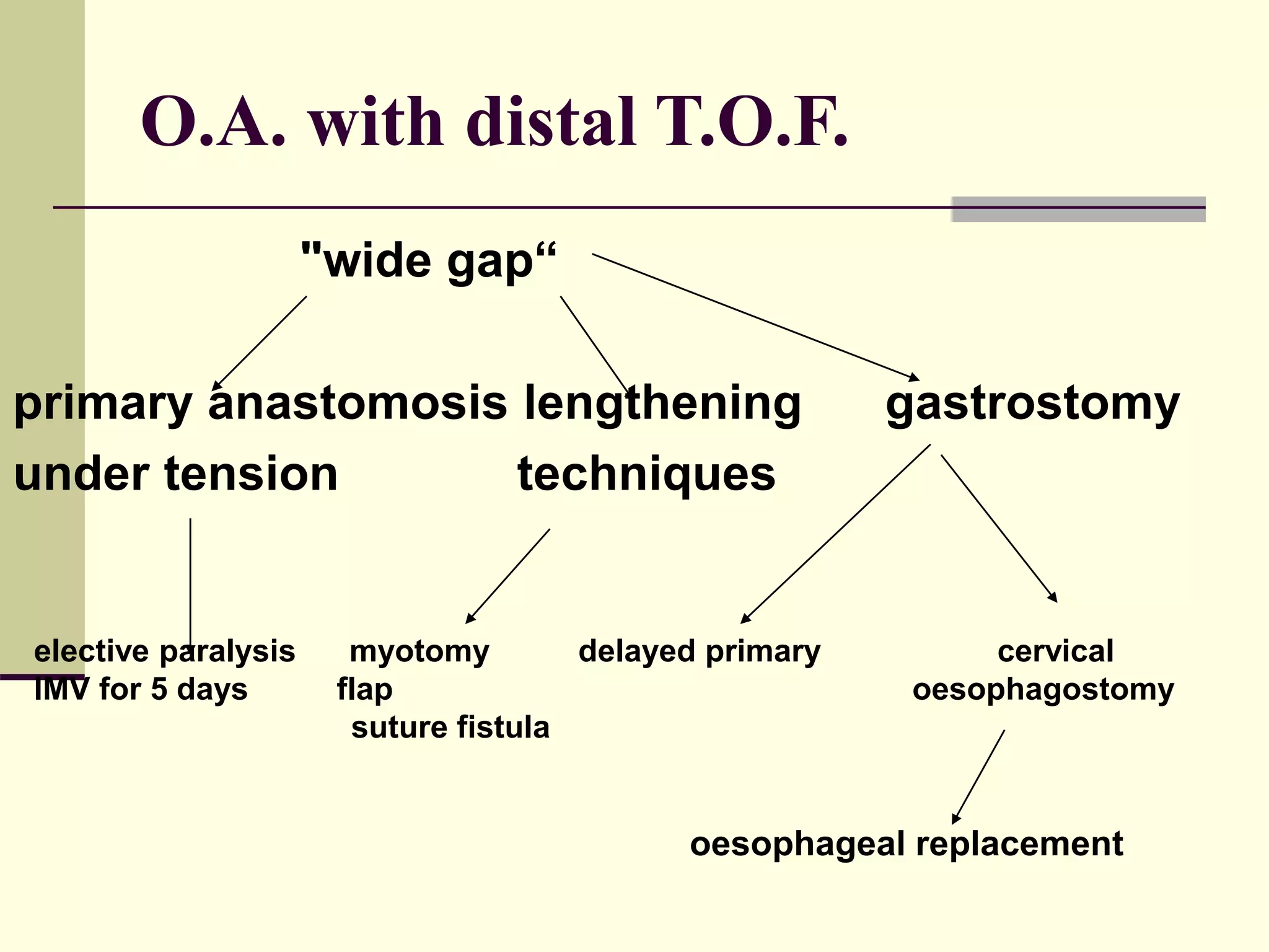 O.A. with distal T.O.F.
"wide gap“
primary anastomosis lengthening gastrostomy
under tension techniques
elective paralysis myotomy delayed primary cervical
IMV for 5 days flap oesophagostomy
suture fistula
oesophageal replacement
 