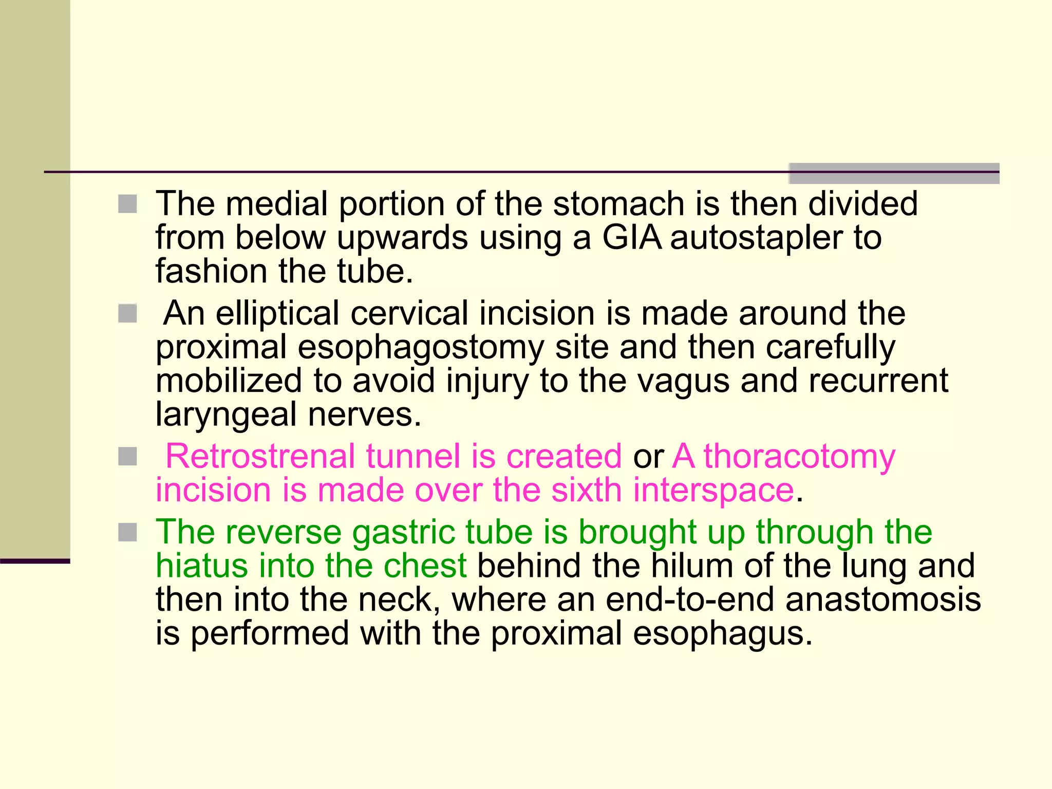  The medial portion of the stomach is then divided
from below upwards using a GIA autostapler to
fashion the tube.
 An elliptical cervical incision is made around the
proximal esophagostomy site and then carefully
mobilized to avoid injury to the vagus and recurrent
laryngeal nerves.
 Retrostrenal tunnel is created or A thoracotomy
incision is made over the sixth interspace.
 The reverse gastric tube is brought up through the
hiatus into the chest behind the hilum of the lung and
then into the neck, where an end-to-end anastomosis
is performed with the proximal esophagus.
 