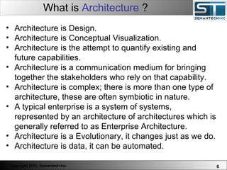 What is  Architecture  ? Web Servers are one thing, Nuclear Reactors are a bit more dangerous – there are systems which absolutely  must not  FAIL. Architecture is Design. Architecture is Conceptual Visualization. Architecture is the attempt to quantify existing and future capabilities. Architecture is a communication medium for bringing together the stakeholders who rely on that capability.  Architecture is complex; there is more than one type of architecture, these are often symbiotic in nature.  A typical enterprise is a system of systems, represented by an architecture of architectures which is generally referred to as Enterprise Architecture. Architecture is a Evolutionary, it changes just as we do.  Architecture is data, it can be automated. 