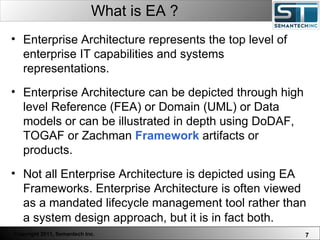 What is EA ? Web Servers are one thing, Nuclear Reactors are a bit more dangerous – there are systems which absolutely  must not  FAIL. Enterprise Architecture represents the top level of enterprise IT capabilities and systems representations.  Enterprise Architecture can be depicted through high level Reference (FEA) or Domain (UML) or Data models or can be illustrated in depth using DoDAF, TOGAF or Zachman  Framework  artifacts or products.  Not all Enterprise Architecture is depicted using EA Frameworks. Enterprise Architecture is often viewed as a mandated lifecycle management tool rather than a system design approach, but it is in fact both.   
