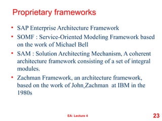 Proprietary frameworks
• SAP Enterprise Architecture Framework
• SOMF : Service-Oriented Modeling Framework based
on the work of Michael Bell
• SAM : Solution Architecting Mechanism, A coherent
architecture framework consisting of a set of integral
modules.
• Zachman Framework, an architecture framework,
based on the work of John Zachman at IBM in the
1980s
EA: Lecture 4 23
 