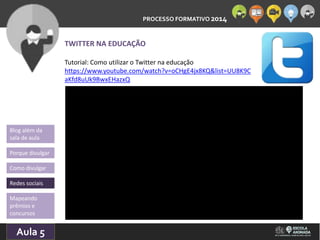 PROCESSO FORMATIVO 2014 
Blog além da 
sala de aula 
Porque divulgar 
Como divulgar 
Redes sociais 
Aula 5 
10/10/2014 
TWITTER NA EDUCAÇÃO 
Tutorial: Como utilizar o Twitter na educação 
https://www.youtube.com/watch?v=oCHgE4jx8KQ&list=UU8K9C 
aKfd8uUk9BwxEHazxQ 
Mapeando 
prêmios e 
concursos 
 