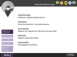 PROCESSO FORMATIVO 2014 
Blog além da 
sala de aula 
Porque divulgar 
Como divulgar 
Redes sociais 
Aula 5 
10/10/2014 
COMUNICAÇÃO 
Fortalecer relação professor/aluno 
PARCERIAS 
Encontrar parceiros + encontrar pessoas 
DIVULGAÇÃO 
Mostrar seu trabalho pra além do muro da escola 
REGISTRO 
Registro como documento 
DIVULGAÇÃO 
Participação em prêmios 
Mapeando 
prêmios e 
concursos 
 
