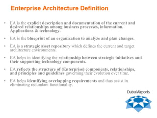 EA is the  explicit description and documentation of the current and desired relationships among business processes, information, Applications & technology.  EA is the  blueprint of an organization to analyze and plan changes .  EA is a  strategic asset repository  which defines the current and target architecture environments. EA helps in identifying the  relationship between strategic initiatives and their supporting technology components. EA  reflects the structure of (Enterprise) components, relationships, and principles and guidelines  governing their evolution over time. EA helps  identifying overlapping requirements  and thus assist in eliminating redundant functionality. Enterprise Architecture Definition 