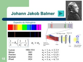 Johann Jakob Balmer
         Espectro do Hidrogênio




     1      ⎛ 1 1 ⎞
       = RH ⎜ 2 − 2 ⎟
            ⎜n n ⎟        n1 > n2
     λ      ⎝ 2   1 ⎠




18
 