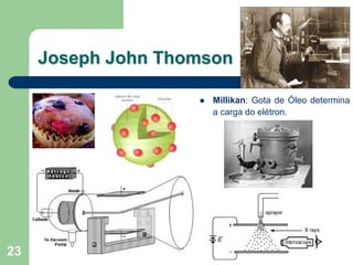 Joseph John Thomson

                     Millikan: Gota de Óleo determina
                     a carga do elétron.




23
 