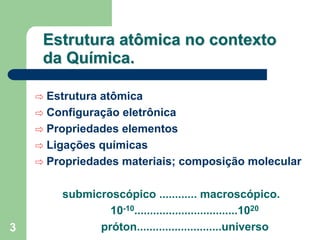 Estrutura atômica no contexto
     da Química.

    ⇨ Estrutura atômica
    ⇨ Configuração eletrônica
    ⇨ Propriedades elementos
    ⇨ Ligações químicas
    ⇨ Propriedades materiais; composição molecular

        submicroscópico ............ macroscópico.
                10-10.................................1020
3             próton...........................universo
 